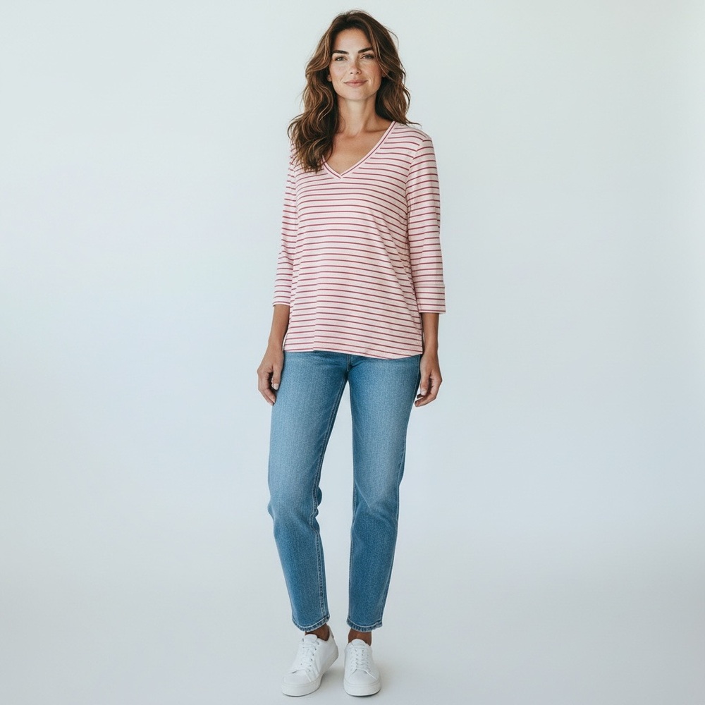 Pink and White Cotton Blend Striped V-Neck Top by 1901    size Small